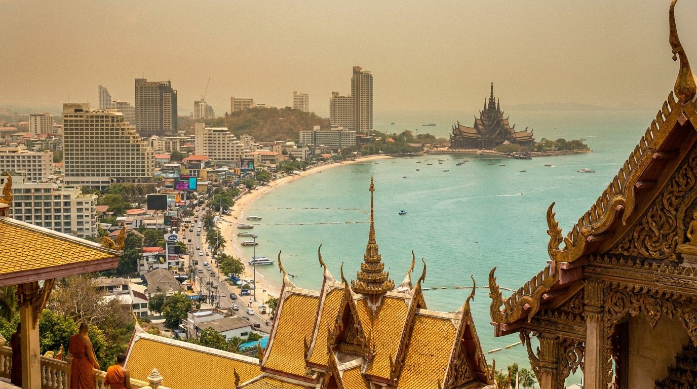 Pattaya bay panoramic from hilltop temple, compressed 35mm, midday haze, golden rooftop foreground