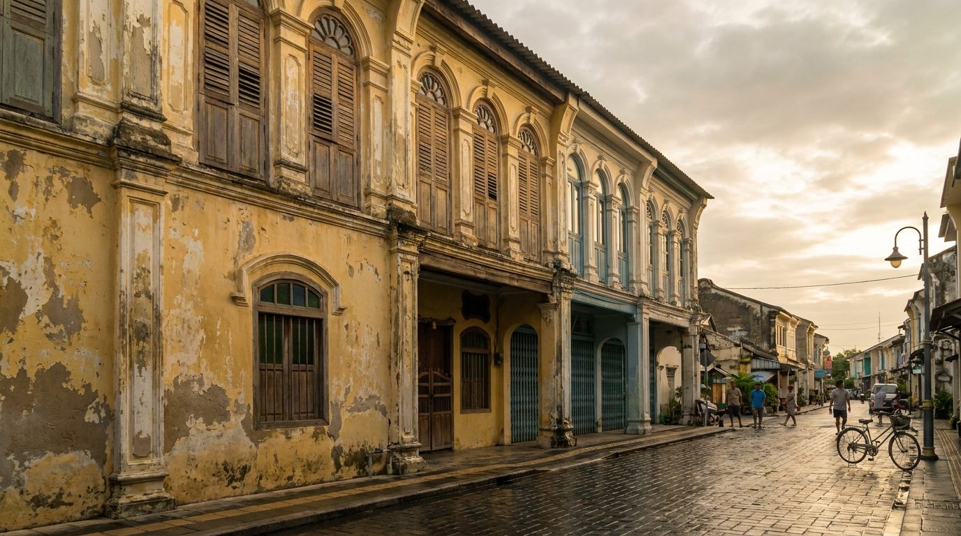 Phuket Old Town Sino-Portuguese shophouse facade at dawn, peeling yellow plaster