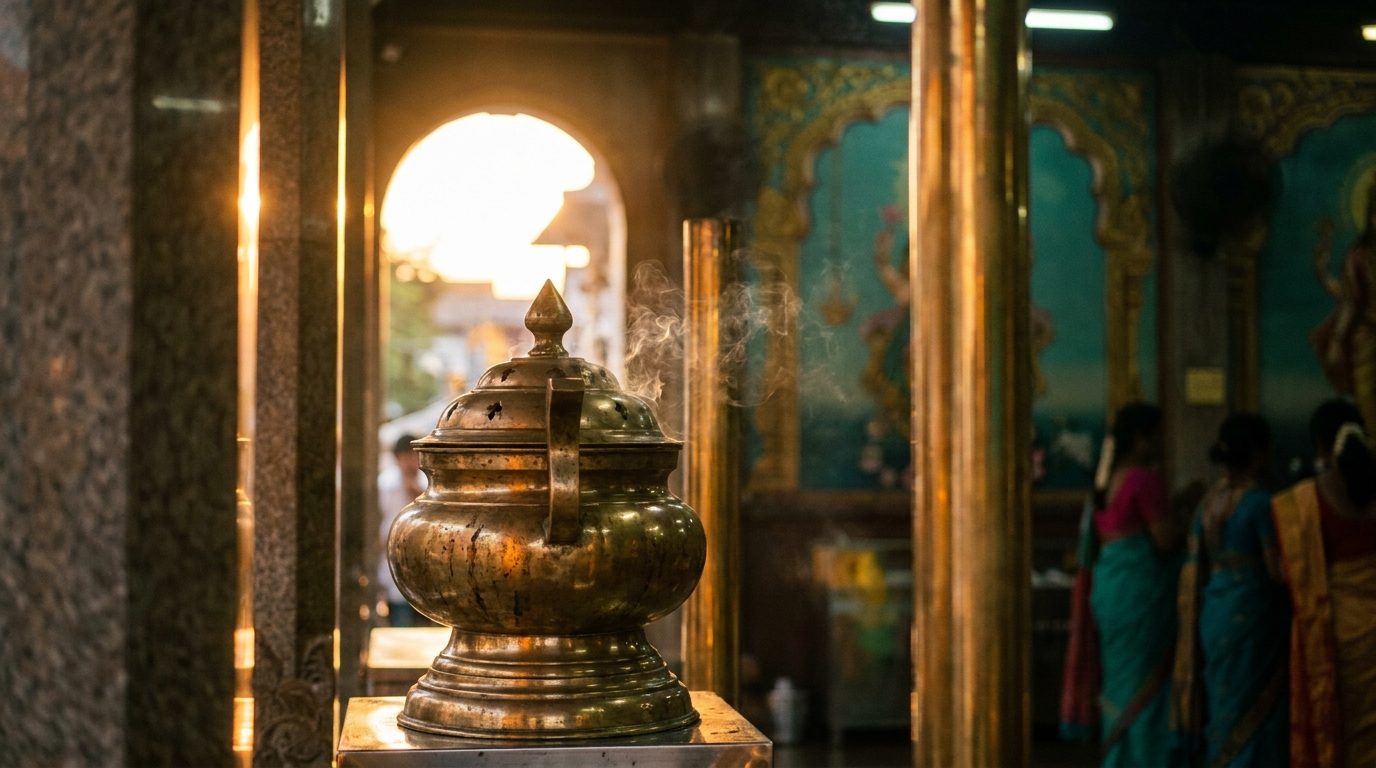 Phuket Old Town Indian temple interior, brass incense burner in warm reflected light
