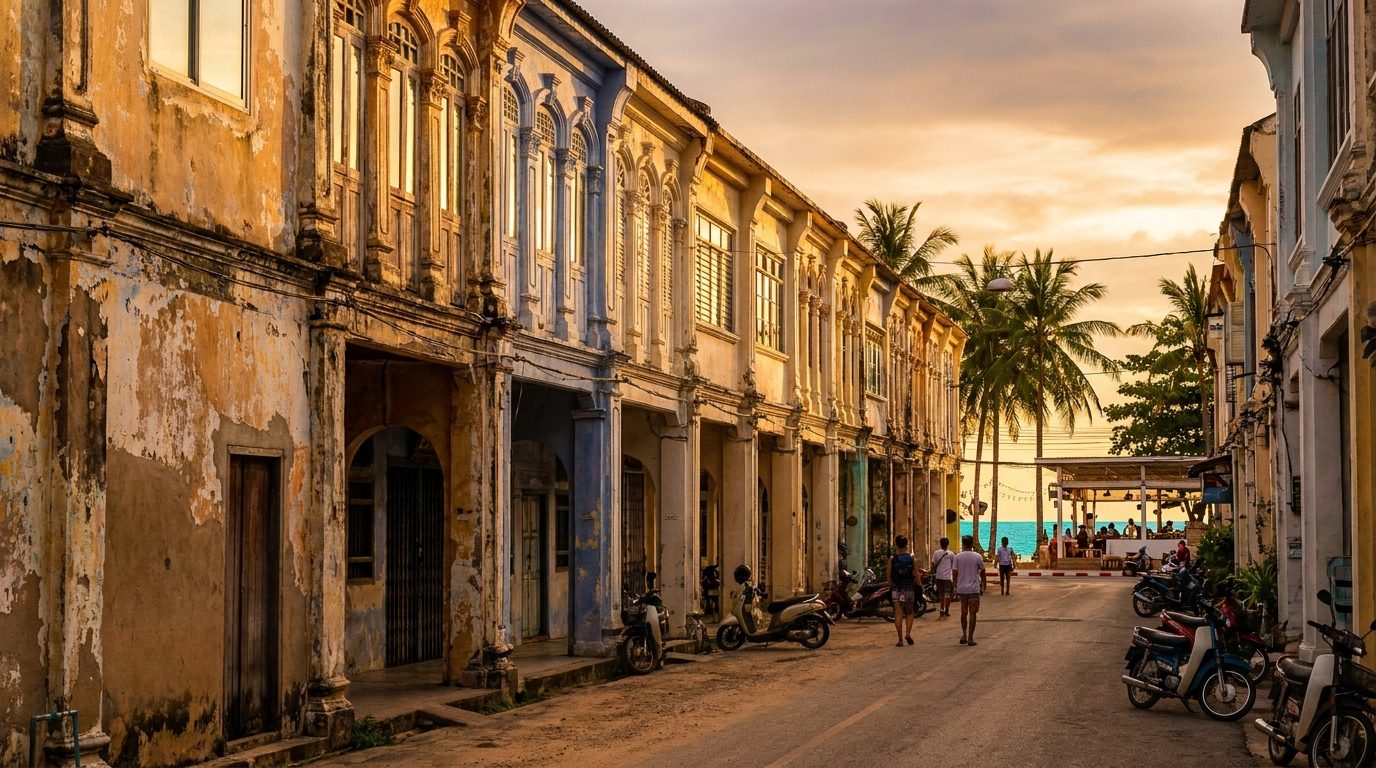 Phuket Krabi Road shophouse row in late afternoon west-facing light, peeling plaster layers