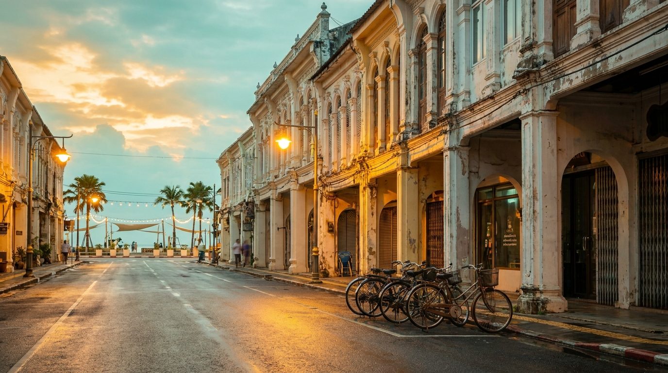 Phuket Old Town street at pre-dawn 5:30am, golden light on Sino-Portuguese columns and empty road