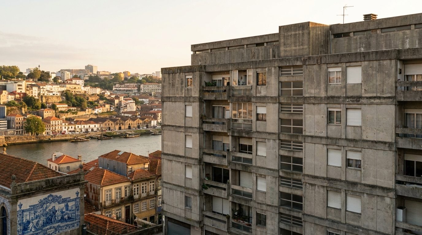 Porto Boavista district 1970s modernist apartment facade weathered concrete details