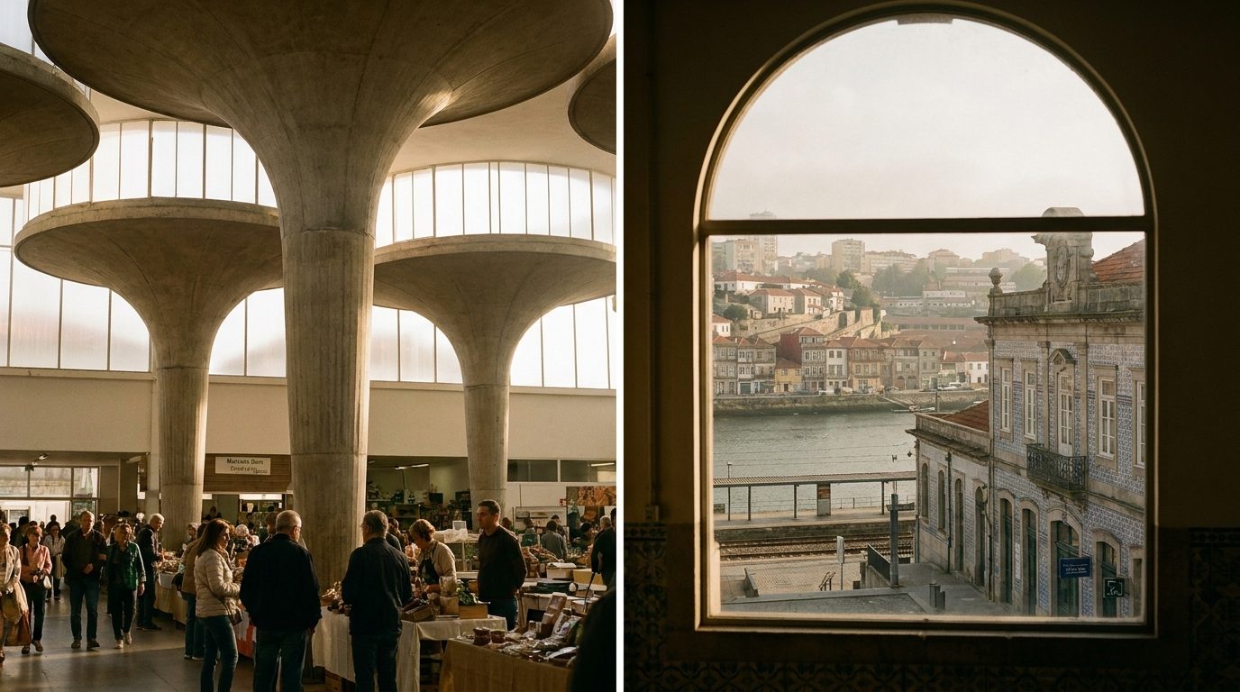 Mercado Bom Sucesso interior concrete mushroom columns natural light Porto