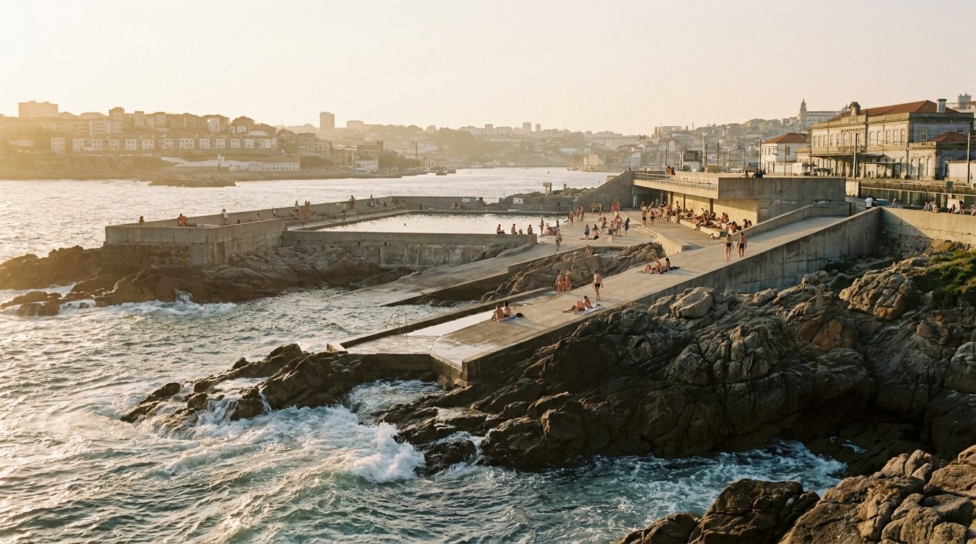 Leça swimming pools Álvaro Siza concrete rock Atlantic ocean Porto coastline