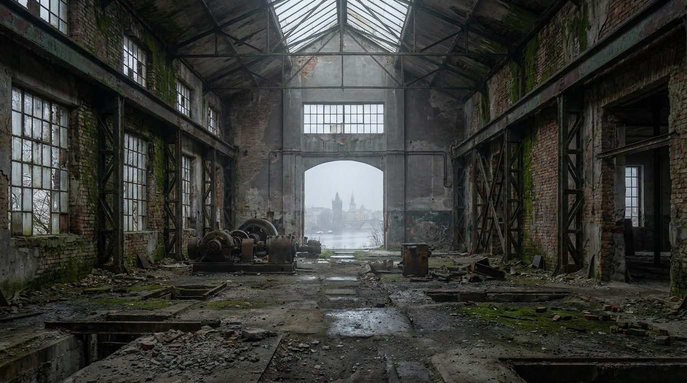 Decaying industrial hall in Prague Holešovice, overcast morning light raking across broken concrete