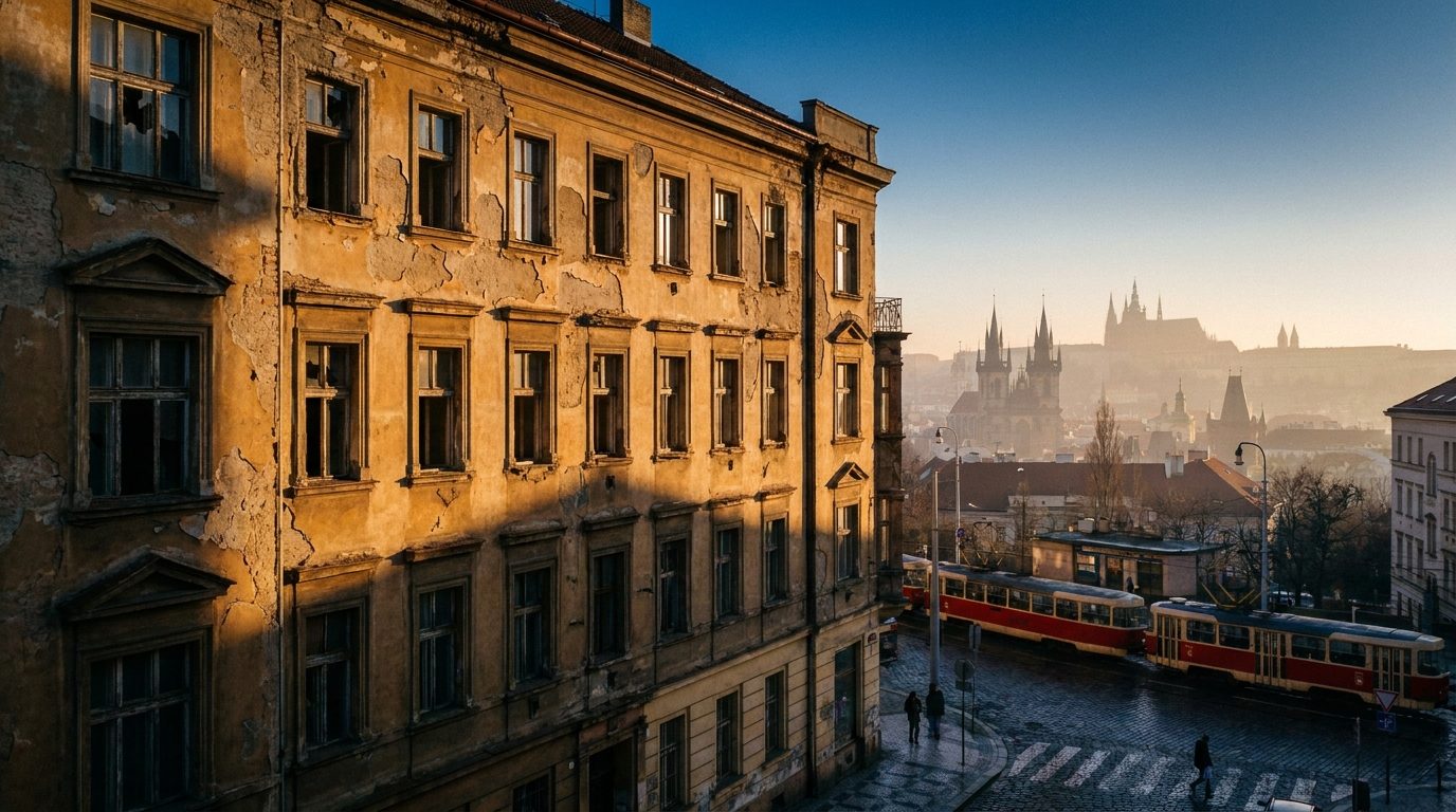 Žižkov abandoned apartment facade Prague, 85mm compression, late afternoon raking sidelight