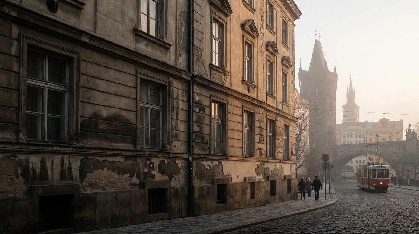 Karlín flood-damaged building facade Prague, morning sidelight revealing water damage marks