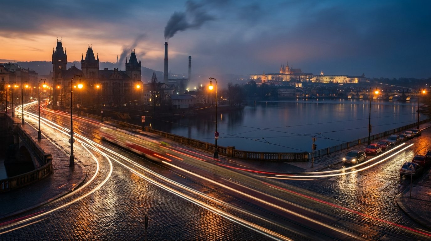 Prague industrial district long exposure light trails on wet cobblestone, dusk, ND filter