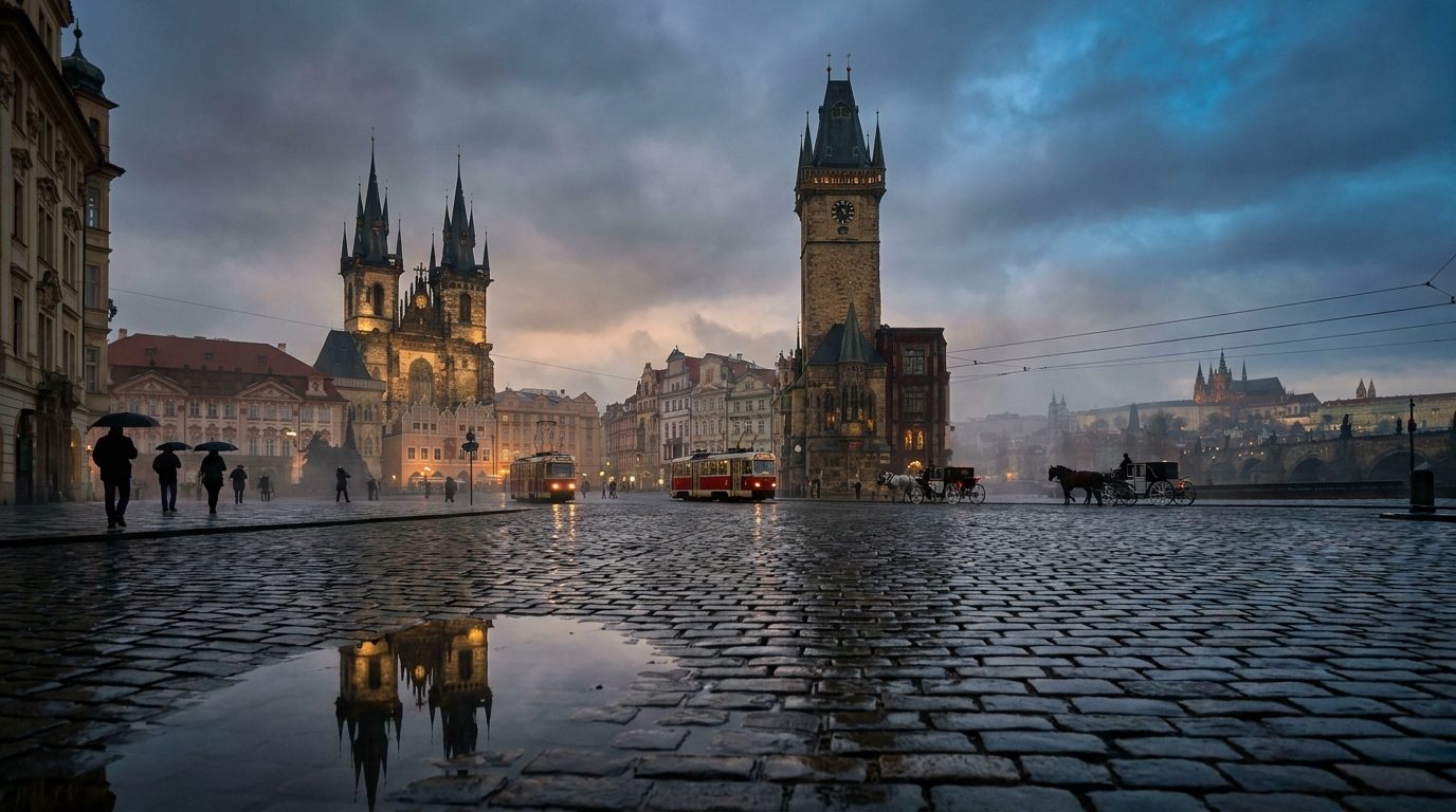 Prague Old Town Square at dusk, Gothic spires reflected in wet cobblestones
