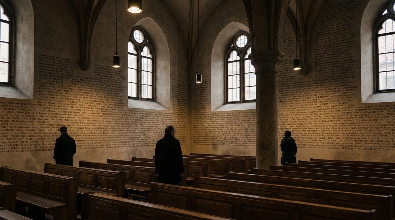 Interior of Pinkas Synagogue, walls covered with inscribed names of Holocaust victims