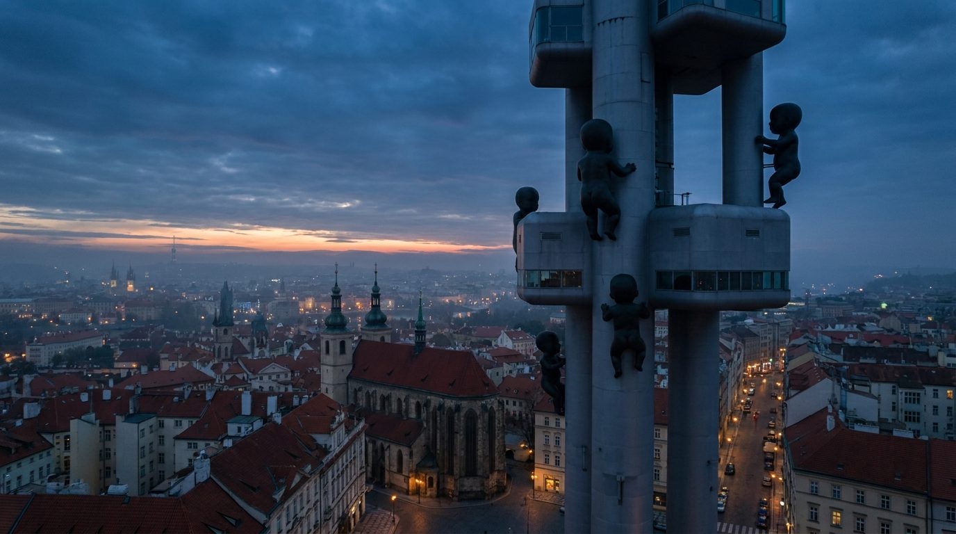 Žižkov Television Tower with David Černý baby sculptures climbing exterior, Prague