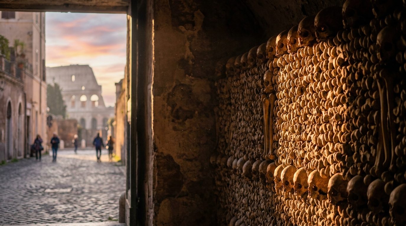 Capuchin Crypt Rome bone wall side-lit by morning entrance light 35mm