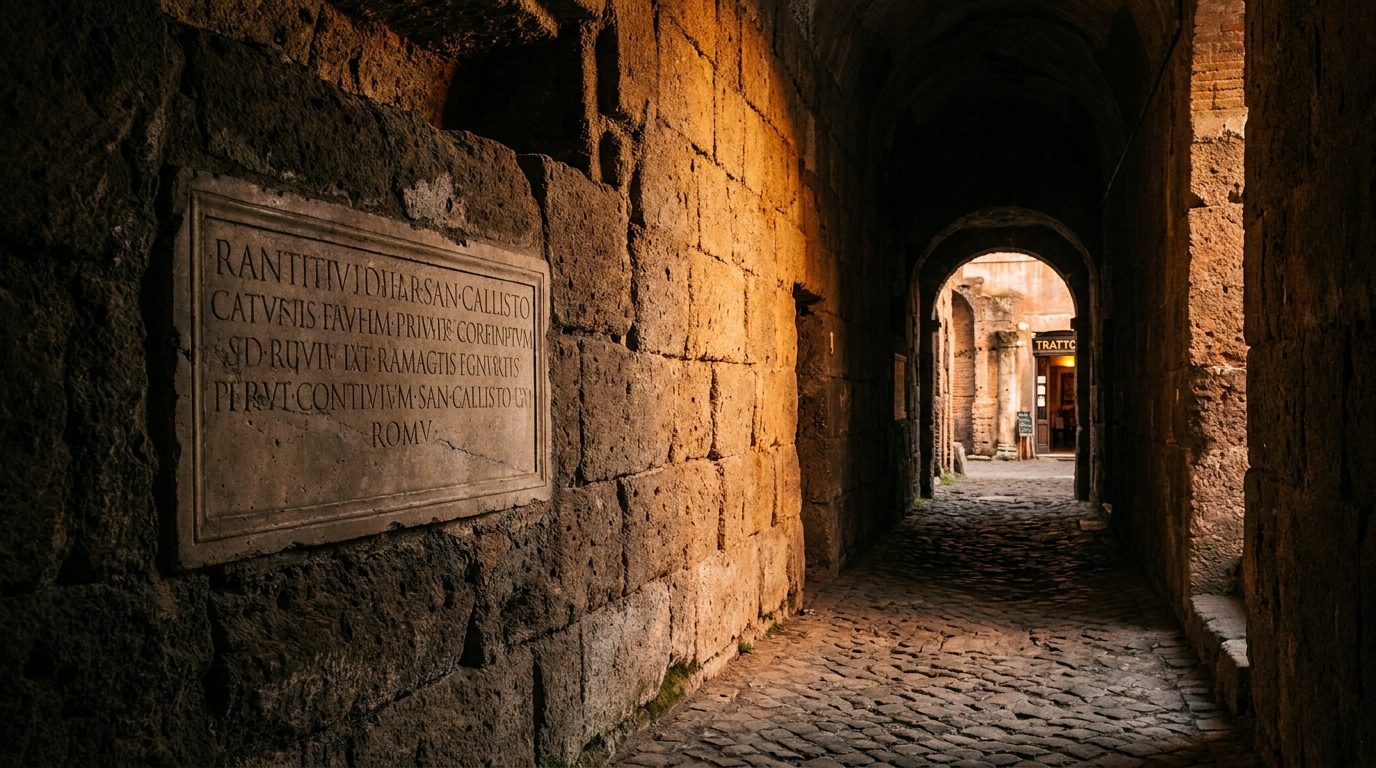 San Callisto catacombs narrow corridor stone carved inscription side lit