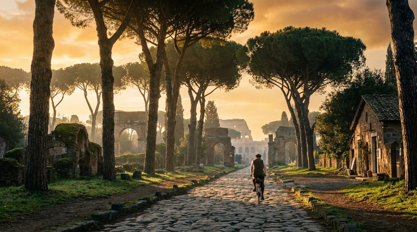 Via Appia Antica stone road golden hour side light long perspective pine trees