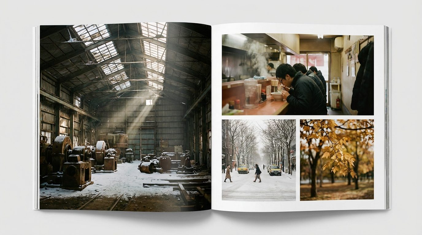 Abandoned Sapporo warehouse interior with broken skylights casting dramatic light shafts