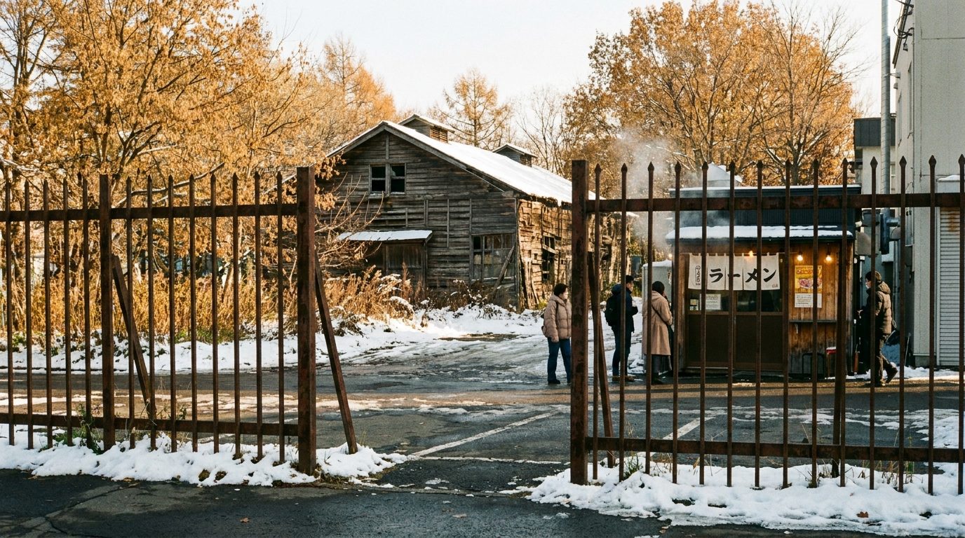 Rusted iron fence framing abandoned Teine agricultural warehouse in late autumn Sapporo