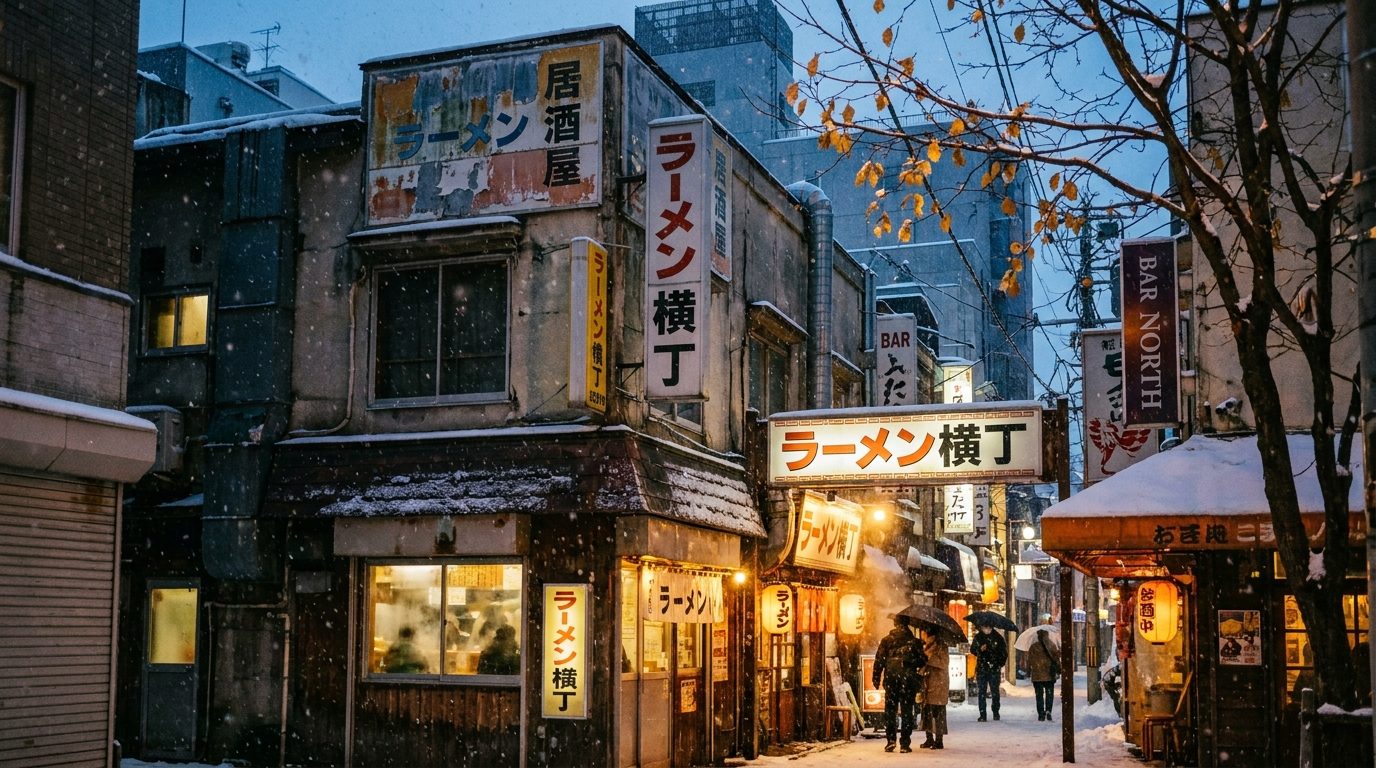 Faded commercial signage on Susukino back alley building at dusk Sapporo Japan
