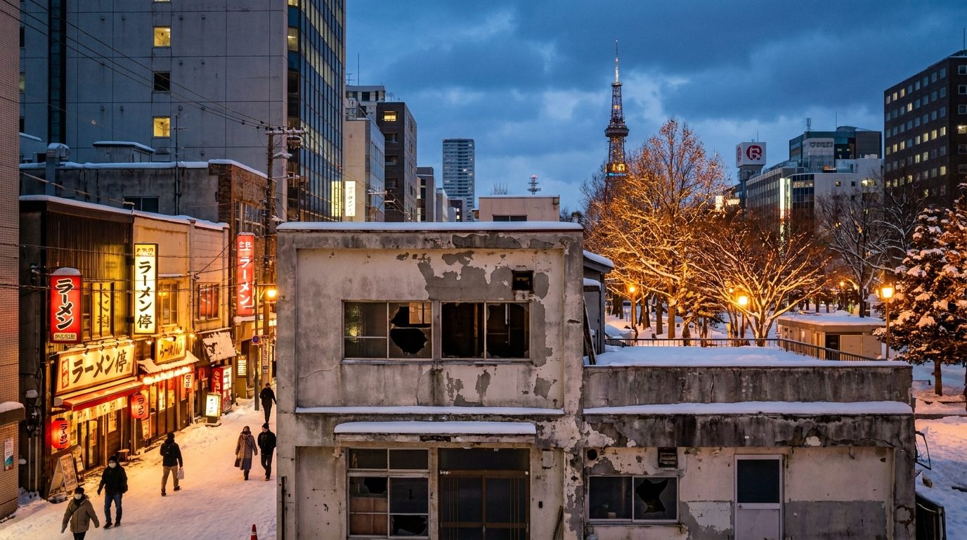 Sapporo Odori Park skyline at dusk contrasted with foreground abandoned low-rise building