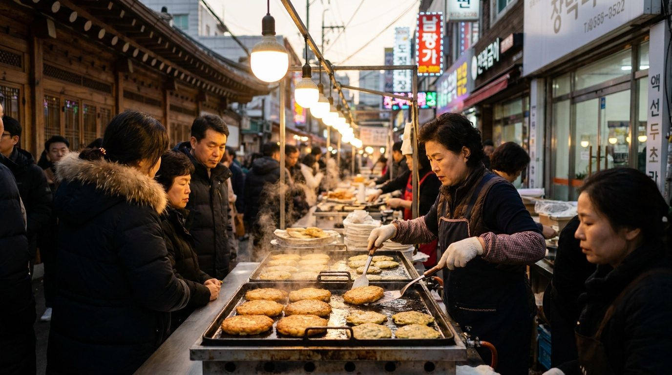 Seoul Gwangjang Market stall with steaming bindaetteok and mung bean pancakes at night