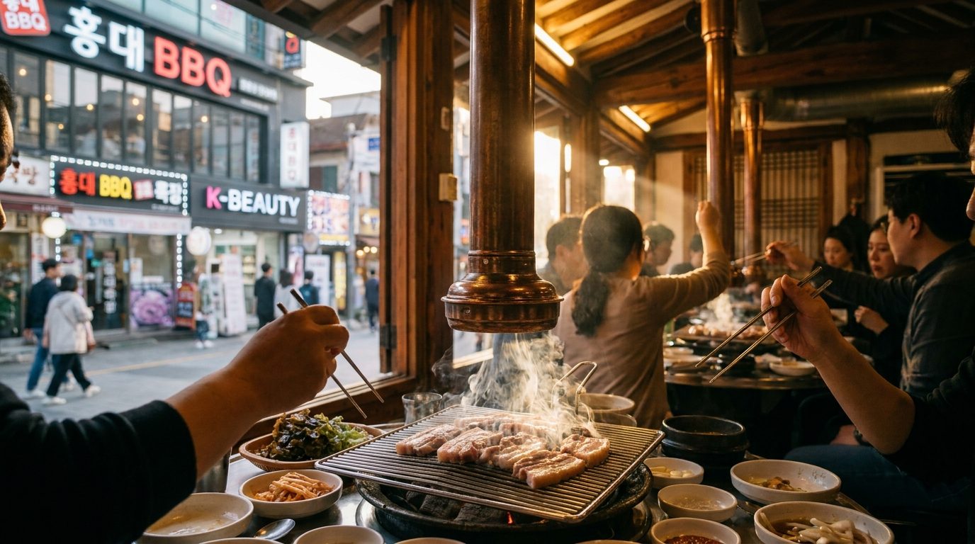 Steaming Korean pork belly samgyeopsal grilling over charcoal in a Seoul BBQ restaurant
