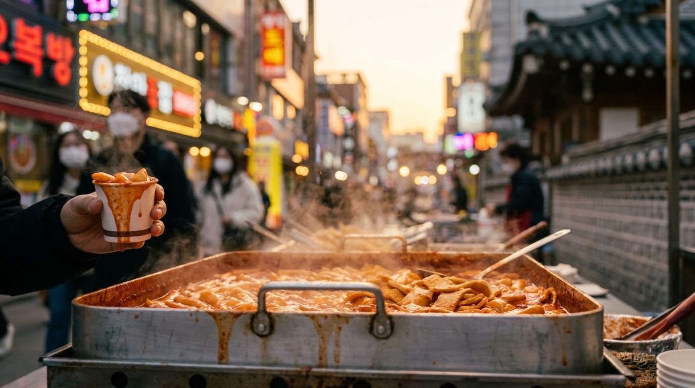 Korean tteokbokki spicy rice cakes in red sauce with fish cakes at Hongdae street stall