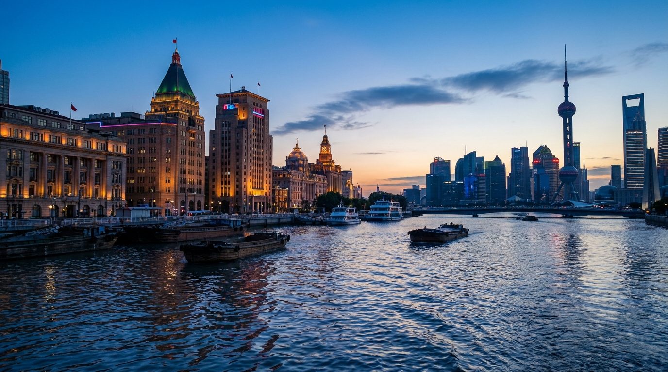 The Bund Shanghai at dusk, neoclassical banking facades reflecting on Huangpu River