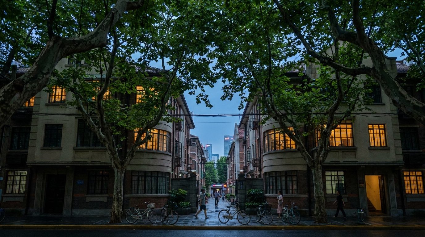 Wukang Road French Concession Shanghai, plane trees canopy over 1920s apartment facades