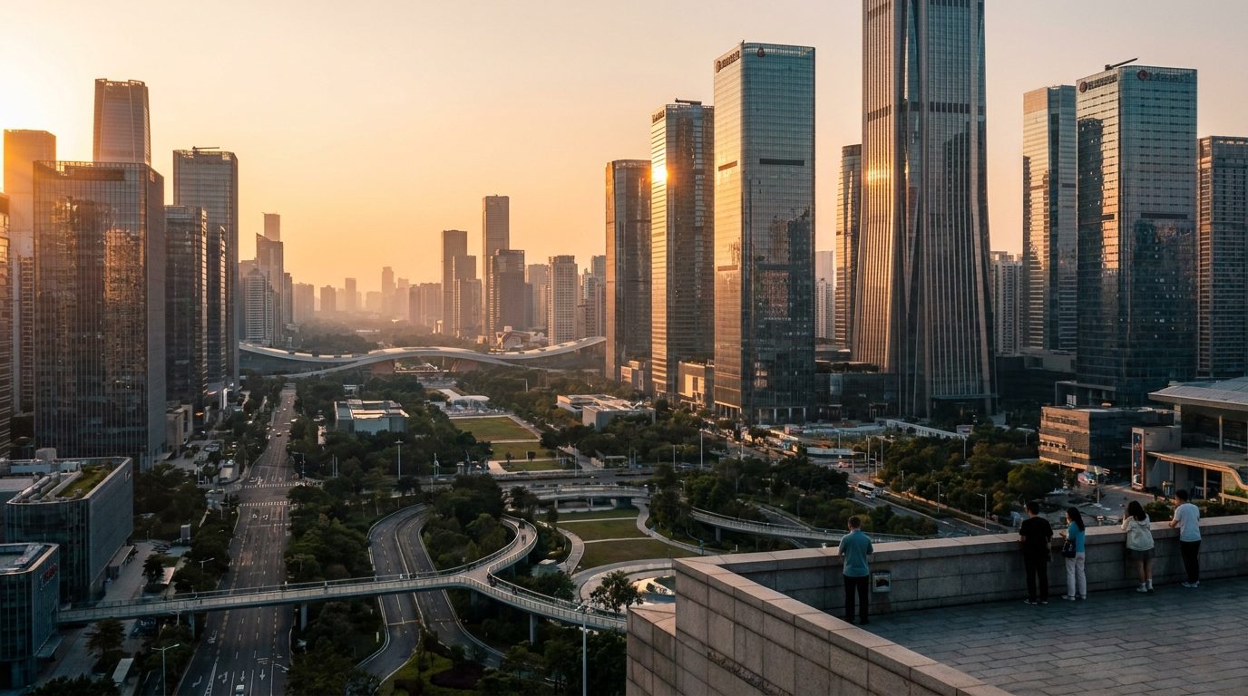 Shenzhen skyline at golden hour from Lianhuashan Park, warm side light raking glass towers