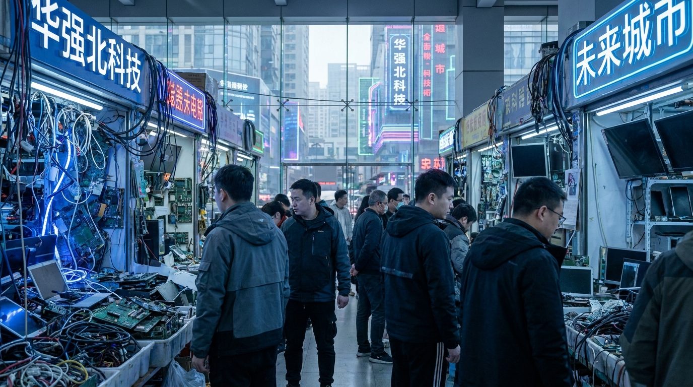 Huaqiang Bei electronics market interior, blue LED cast on circuit boards and cables, 35mm wide