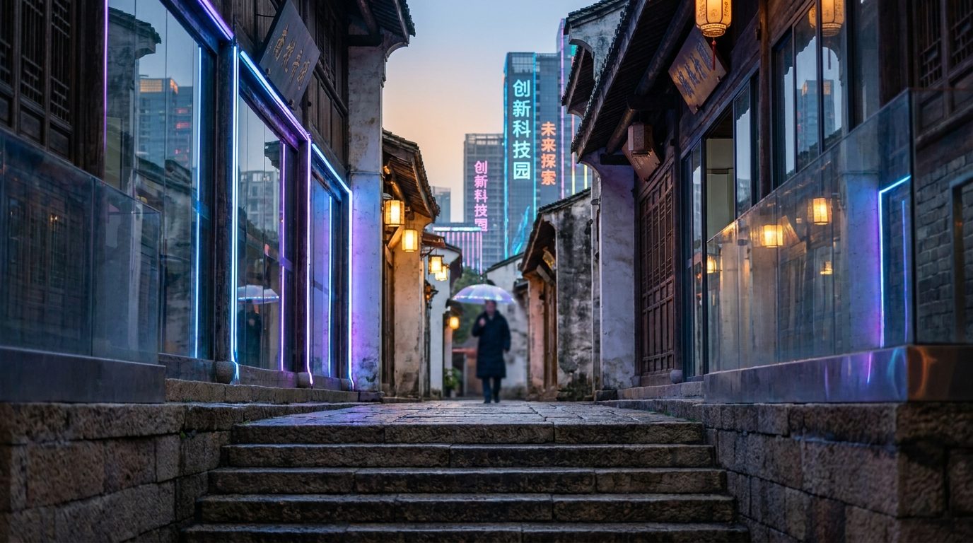 Nantou Ancient City narrow alley at dawn, stone path leading lines, blurred figure in background