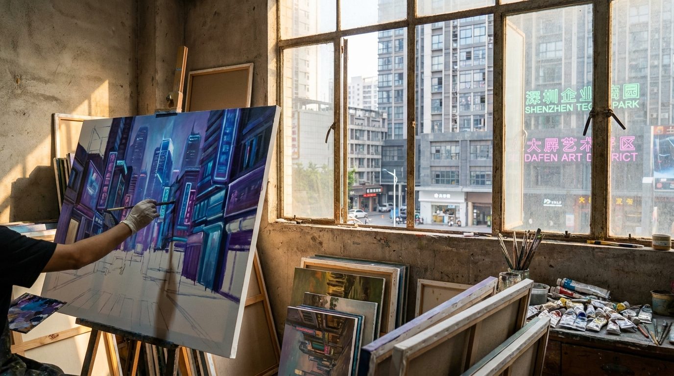 Dafen Oil Painting Village studio interior, afternoon side light on canvas, painter hand with brush