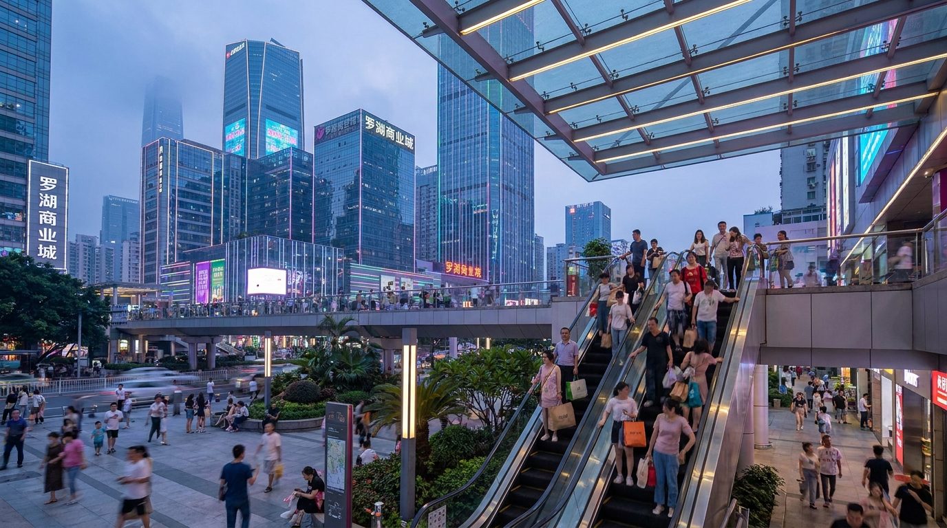 Luohu Commercial City entrance with shoppers carrying bags on escalator Shenzhen