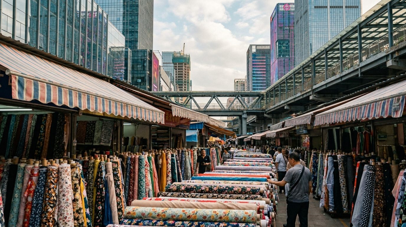 Shenzhen Luohu market fabric stalls colourful bolts of cloth on display