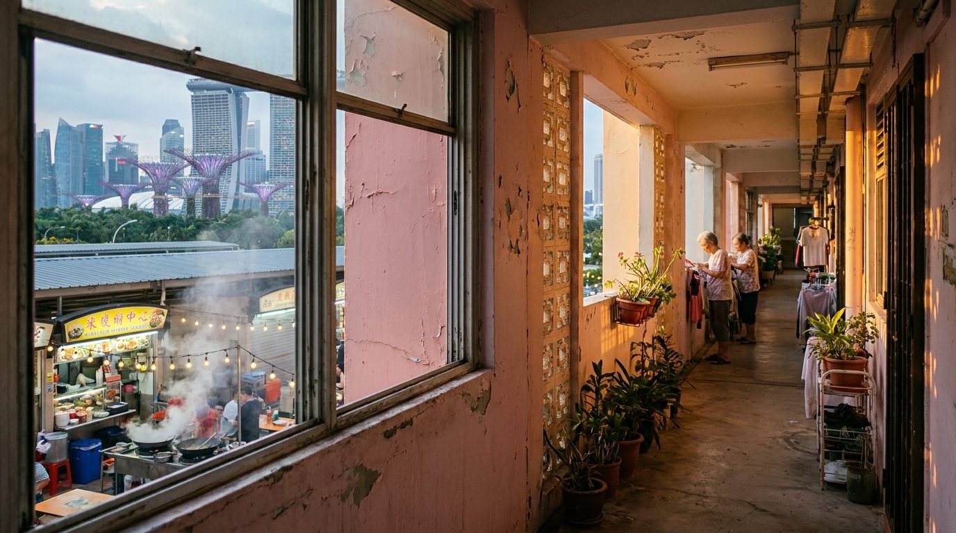 Faded pink corridor of Jalan Kukoh 1960s HDB block, Singapore, afternoon sidelight