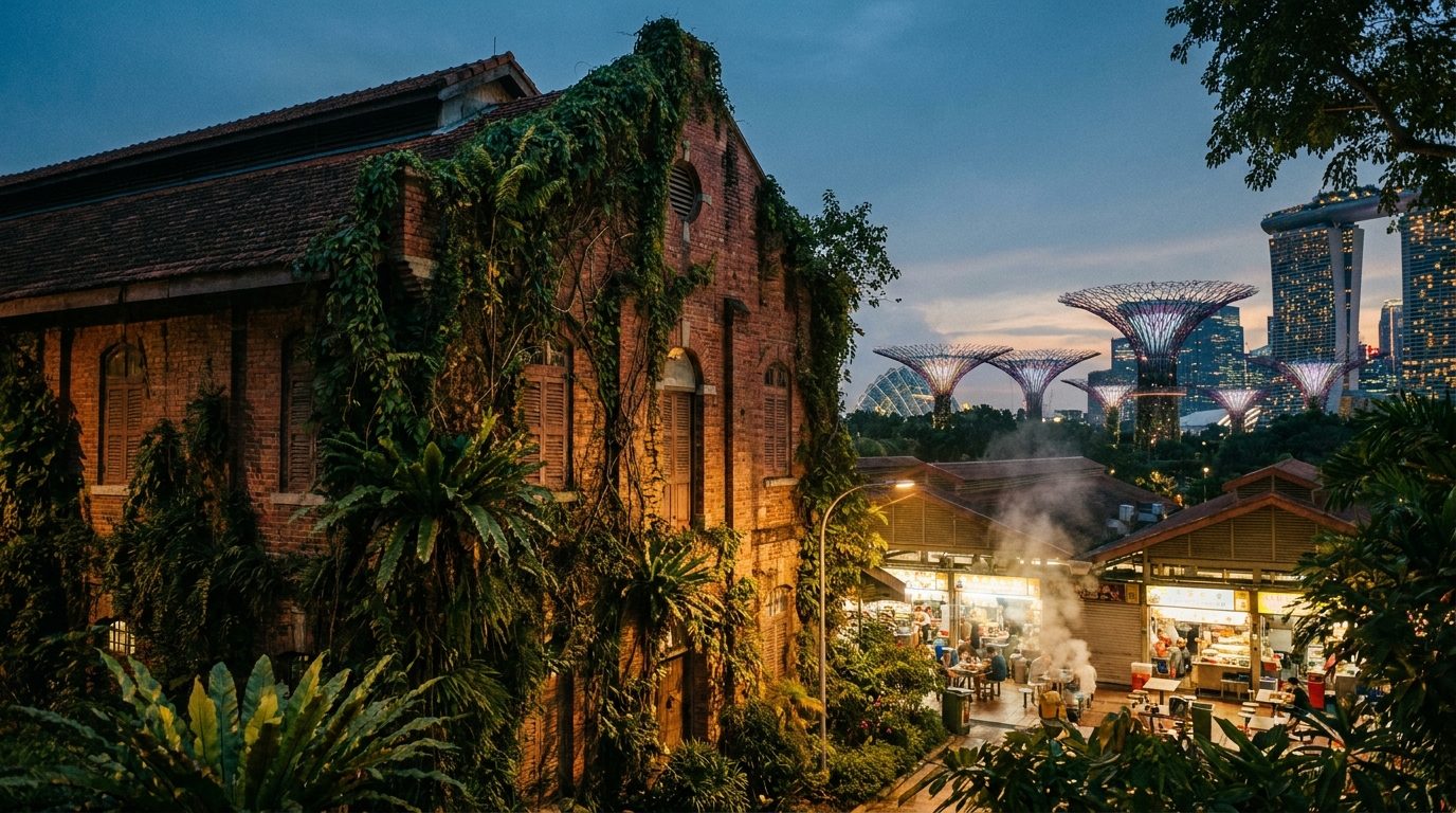 Colonial brick warehouse overgrown with tropical vines, Fort Canning Hill Singapore, dusk sidelight