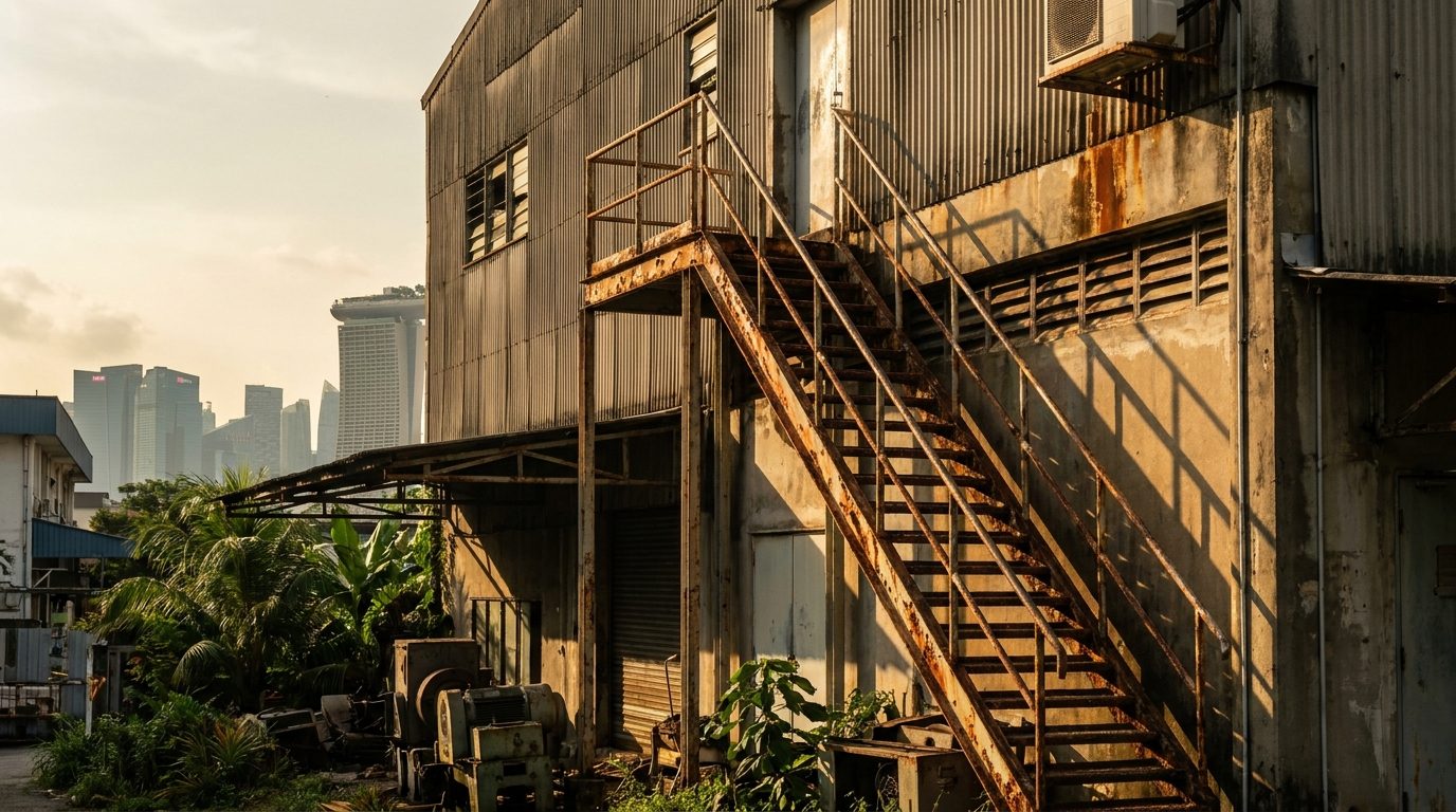 1970s Kallang industrial building corroded metal staircase Singapore afternoon harsh sunlight
