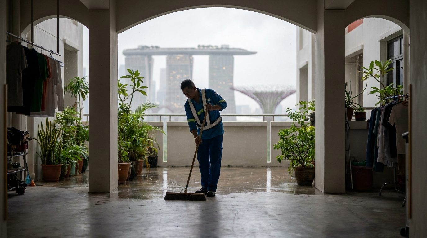 Maintenance worker sweeping empty HDB corridor Singapore overcast morning diffused light