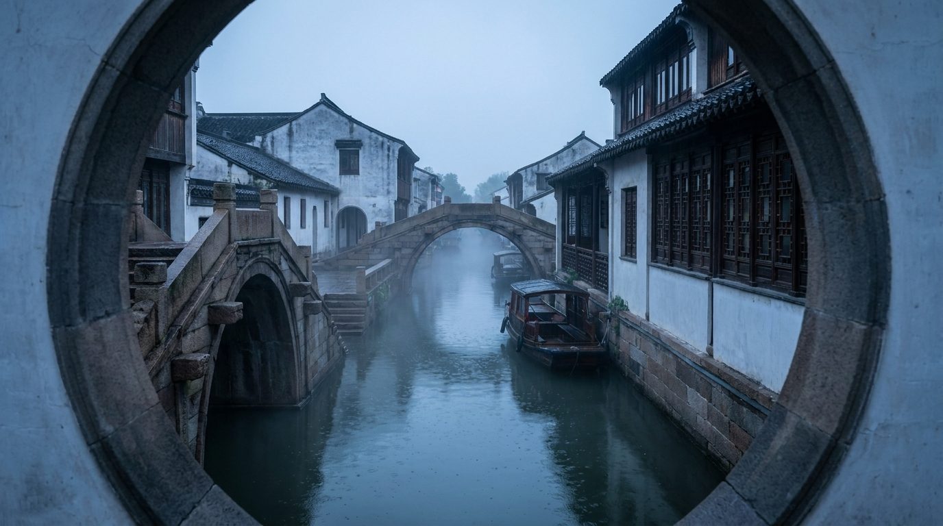 pre-dawn mist rising off Suzhou canal near Pingjiang Road stone bridge