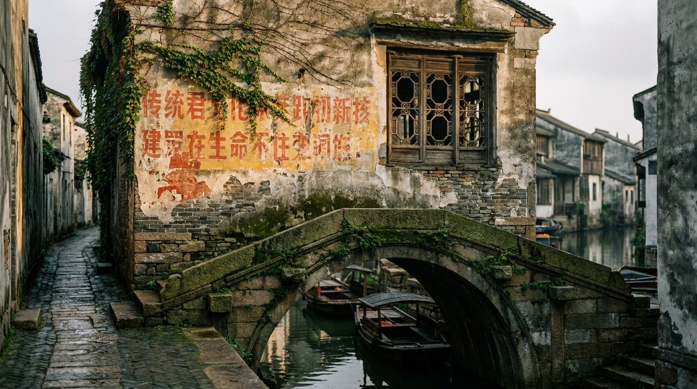 abandoned warehouse wall with faded Cultural Revolution slogans in warm side-light, Suzhou