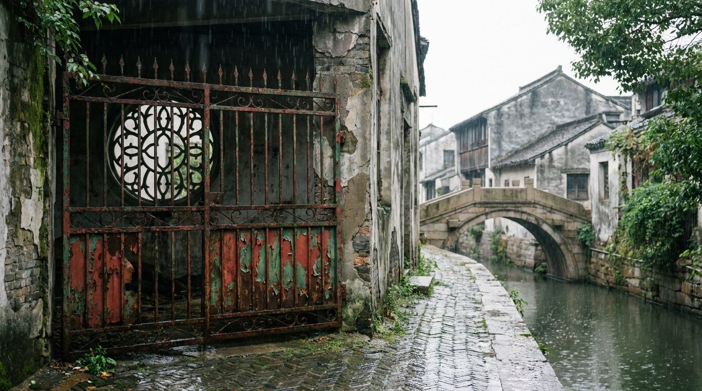 rusted iron gate and peeling paint at abandoned silk factory Xiangcheng district Suzhou afternoon light