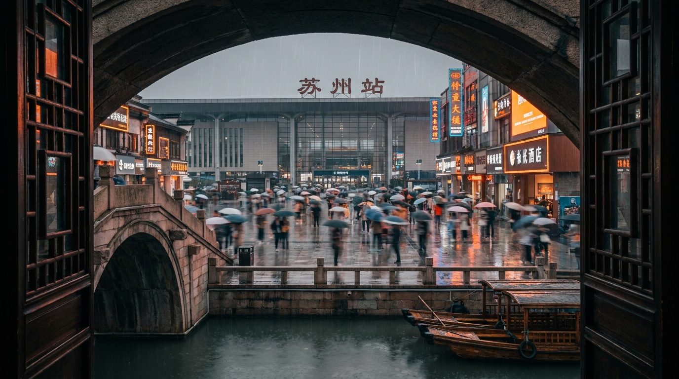 Suzhou railway station plaza at dusk neon signs warm light motion blur crowd