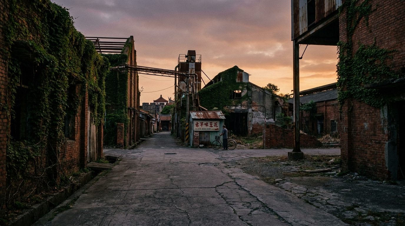 abandoned sugar refinery Tainan crumbling walls leading lines dusk light 24mm wide