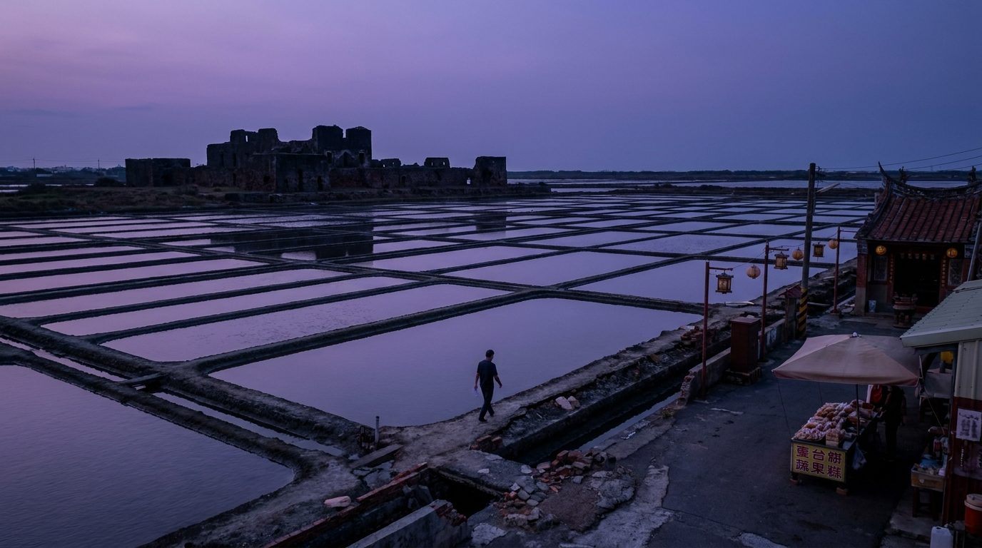 abandoned salt fields Tainan geometric lines pre-dawn purple sky wide angle