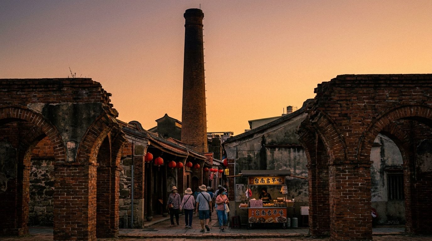 industrial sugar factory chimney Tainan silhouette warm sky telephoto compression