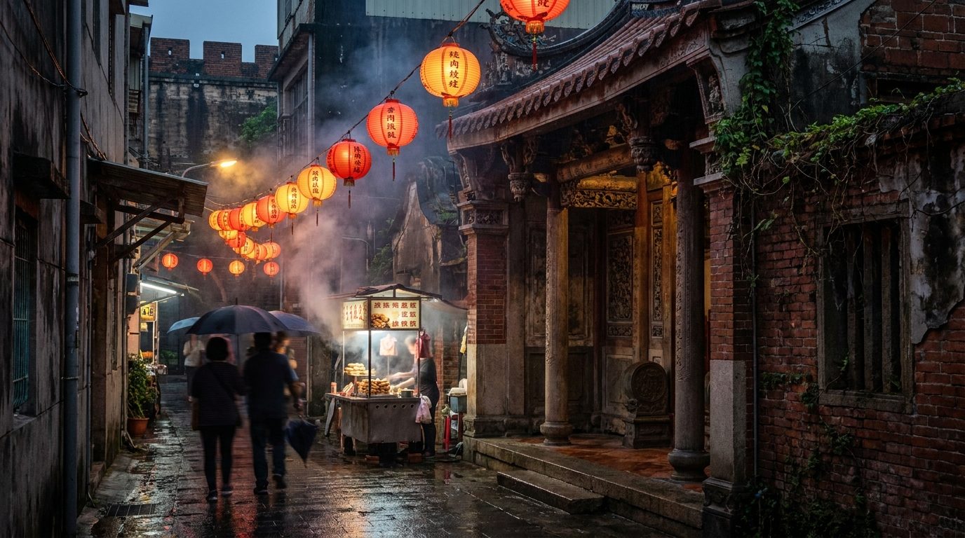 Tainan temple back alley lantern smoke low light 24mm night photography atmospheric