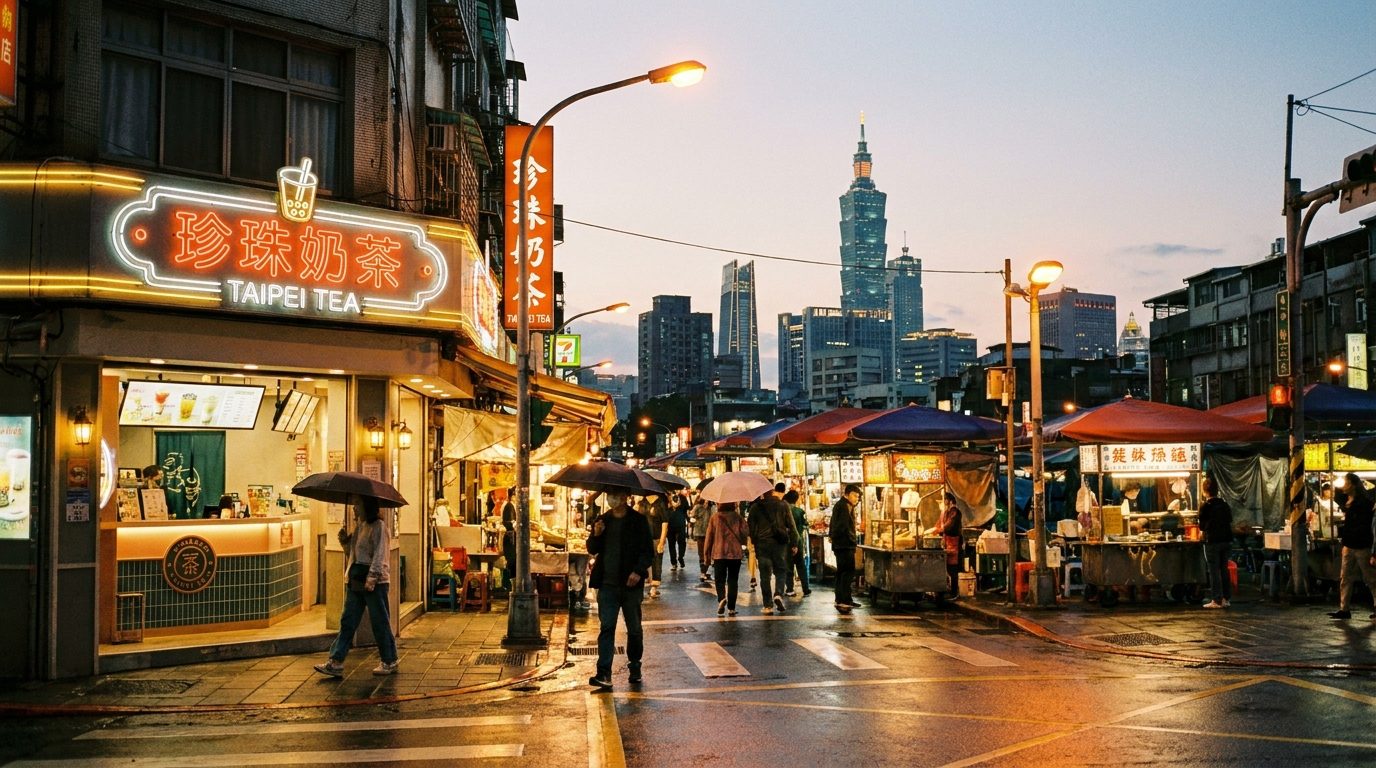 Taipei street corner at dusk, 35mm wide shot, warm sodium lamp backlight