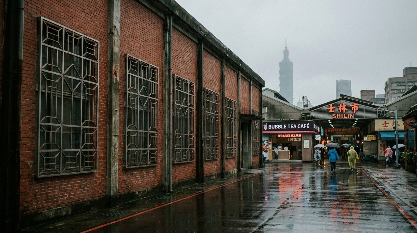 Songshan Cultural Park red brick factory wall, geometric window frames, overcast light
