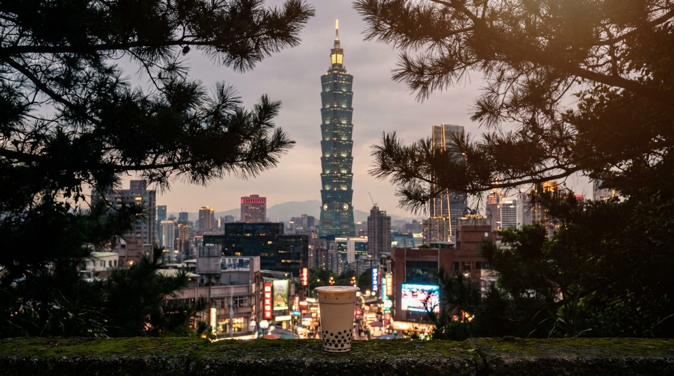 Taipei skyline from Elephant Mountain at dusk, Taipei 101 centered, foreground pine branches