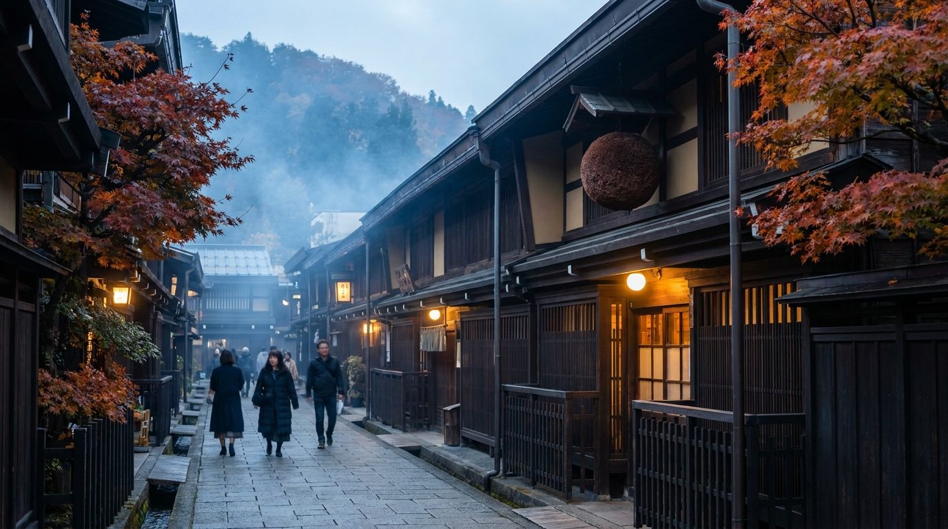 Sanmachi Suji historic street in Takayama with traditional wooden merchant houses at dusk