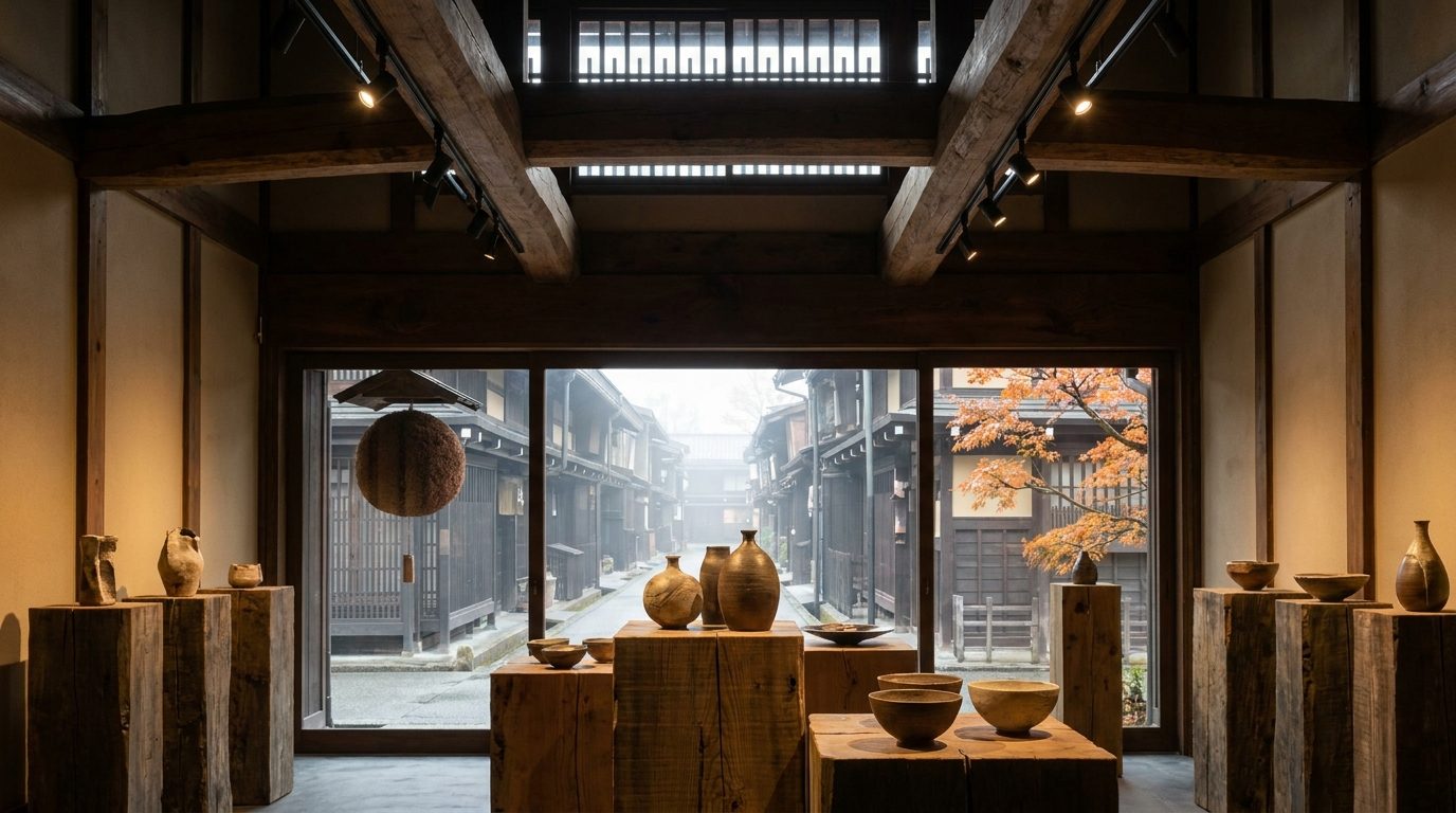 Interior of a converted machiya gallery in Takayama showing contemporary ceramics under exposed wooden beams